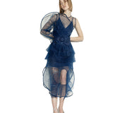 Nadya Dzyak ONE-SLEEVE RUFFLE LONG SHEER DRESS IN NAVY BLUE